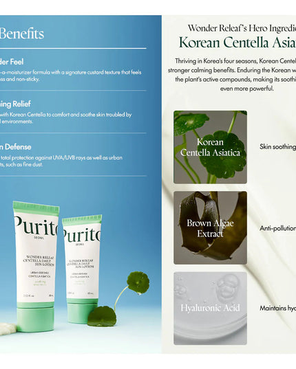 Purito Wonder Releaf Centella Daily Sun Lotion SPF50+ PA++++ 60ml ✨ Αντηλιακή Προστασία με Καταπραϋντική Δράση